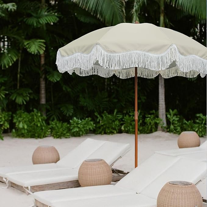 AMMSUN 6.5ft Boho Outdoor Umbrella with Fringe, UPF 50+ Picnic Umbrella with Tassels, Premium Steel Pole and Push Button Tilt, Light Beige