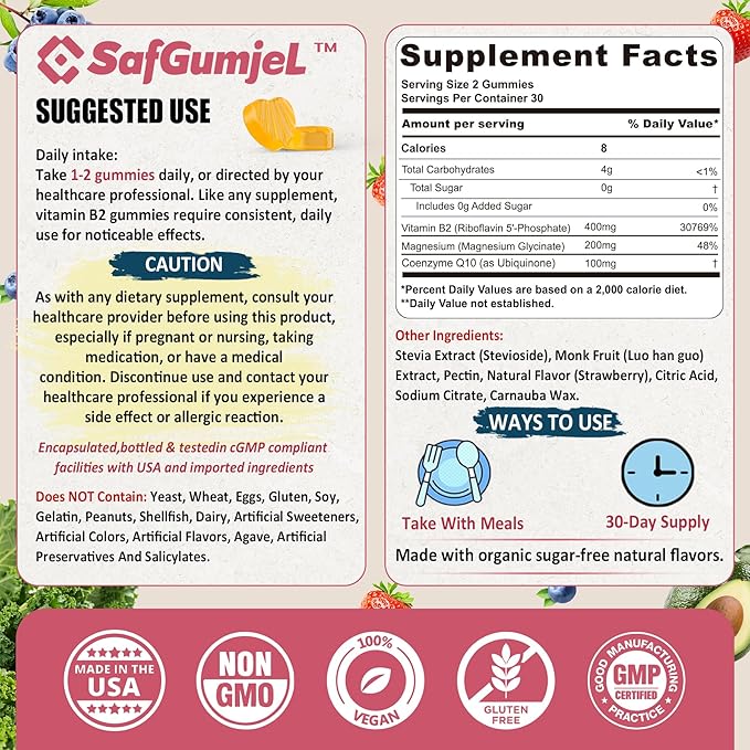 Vitamin B2 Gummies, Bioactive Form Riboflavin 400mg with Magnesium & CoQ10 for Energy & Nervous System Support, Sugar Free B2 Vitamin VIT B, Vegan, 60 Cts
