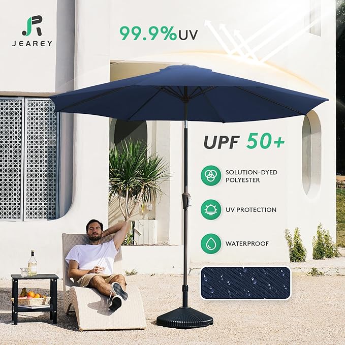 JEAREY 9FT Outdoor Patio Umbrella Outdoor Table Umbrella with Push Button Tilt and Crank, Market Umbrella 8 Sturdy Ribs UV Protection Waterproof for Garden, Deck, Backyard, Pool (Deep Blue)