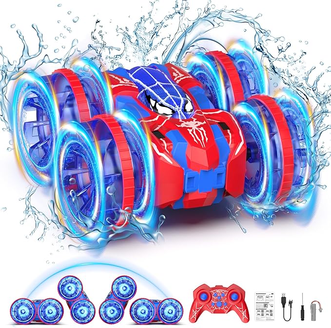Waterproof Remote Control Car,4WD Amphibious 2.4 GHz RC Car Remote Control Boat,360°Rotation RC Stunt with LED Lights,Boys Girls Gifts All Terrain Water Beach Pool Toy