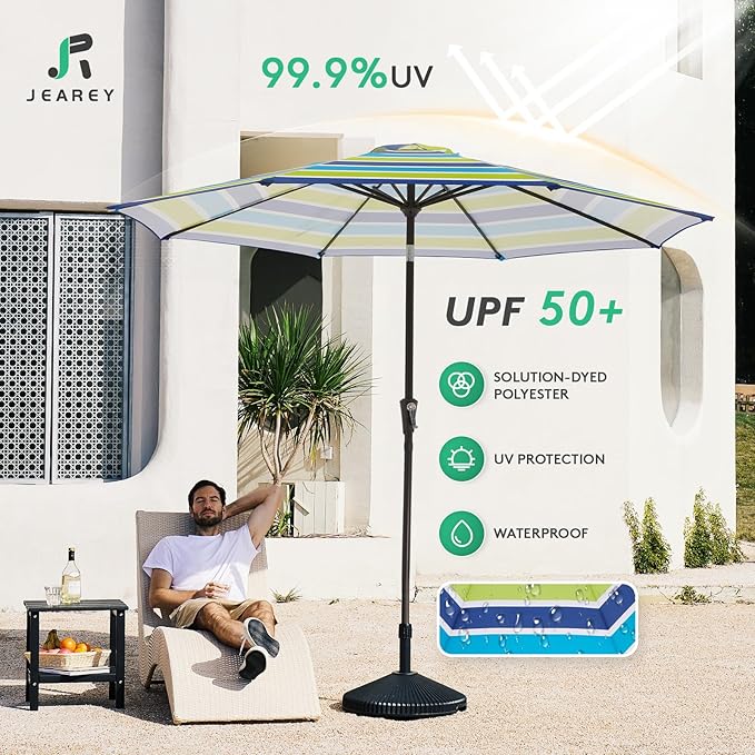 JEAREY 9FT Outdoor Patio Umbrella Outdoor Table Umbrella with Push Button Tilt and Crank, Market Umbrella 8 Sturdy Ribs UV Protection Waterproof for Garden, Deck, Backyard, Pool (Blue-Green Stripe)
