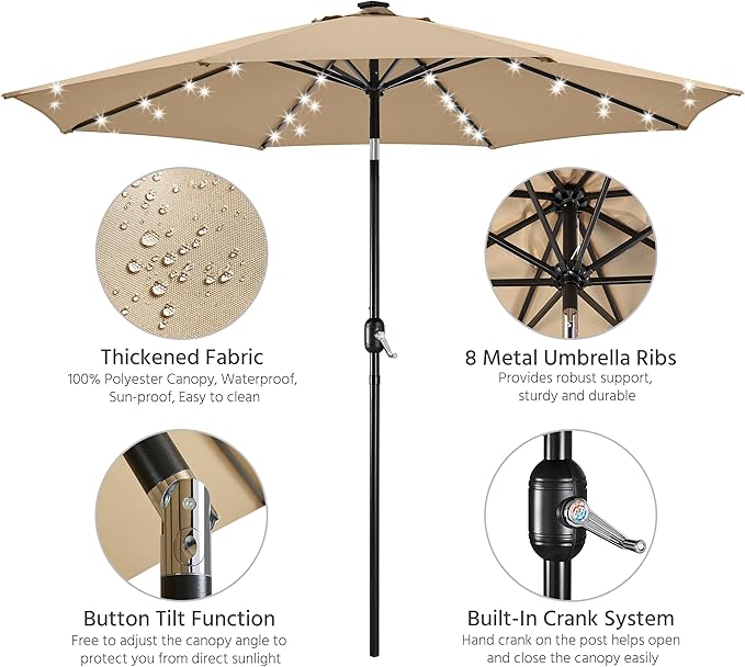 Yaheetech 10FT Solar Powered Patio Umbrella - UV Protection Market Table Umbrella w/ 32 LED Lights & Push Button Tilt & Crank Lift System for Garden/Lawn/Deck/Backyard/Pool,Tan