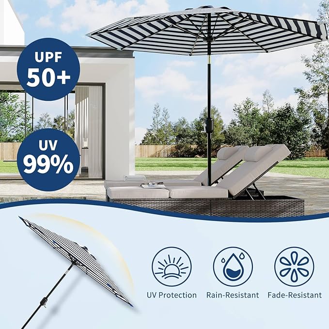 9Ft Patio Umbrella - 8 Sturdy Ribs Outdoor Table Umbrella with Crank Lift & Push Button Tilt - Market Umbrella for Pool, Deck, Yard, Garden - Light blue & White Stripe