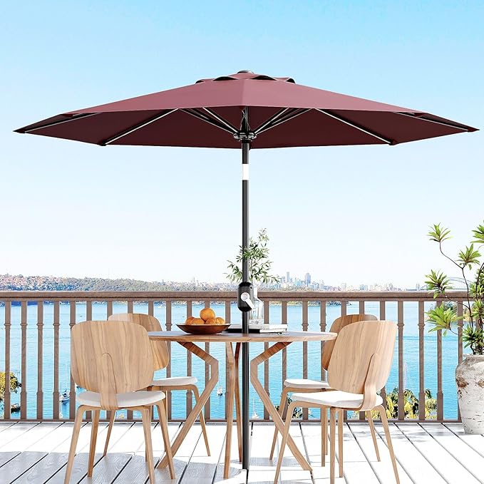9Ft Patio Umbrella - 8 Sturdy Ribs Outdoor Table Umbrella with Crank Lift & Push Button Tilt - Market Umbrella for Pool, Deck, Yard, Garden - Dark Red