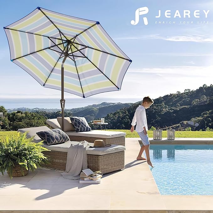 JEAREY 9FT Outdoor Patio Umbrella Outdoor Table Umbrella with Push Button Tilt and Crank, Market Umbrella 8 Sturdy Ribs UV Protection Waterproof for Garden, Deck, Backyard, Pool (Blue-Green Stripe)