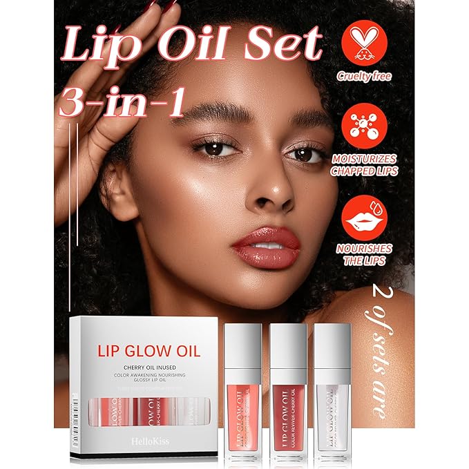 Liquid Lip Oil Gloss, 3 Pack Moisturizing Hydrating Nourishing Long Lasting Tinted Lip Gloss Plumper Gift Box for Teens Women Wife Mum Gift Idea