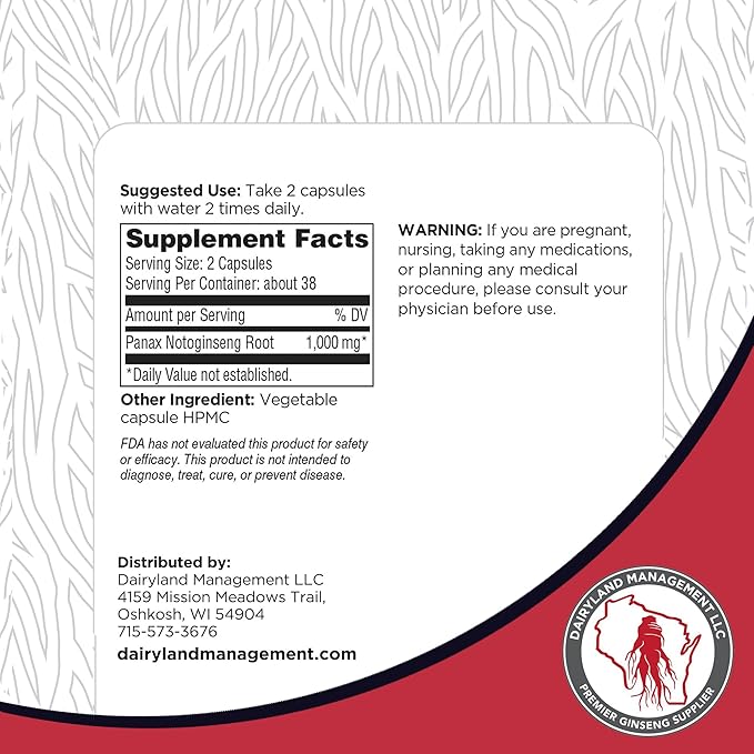 Dairyland Ginseng - Notoginseng Capsules - 75 ct - Tienchi Ginseng Complex Capsules - Authentic Notoginseng Capsule - Vegan Panax Ginseng Capsules for Use as a Daily Immune Support