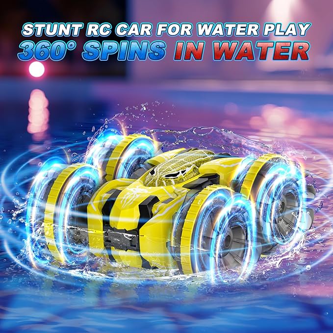 Waterproof Remote Control Car,4WD Amphibious 2.4 GHz RC Car Remote Control Boat,360°Rotation RC Stunt with LED Lights,Boys Girls Gifts All Terrain Water Beach Pool Toy Yellow