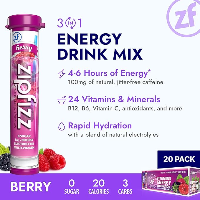 Zipfizz Daily Energy Drink Powder, Berry, 12 Pack | 3-in-1 Sustained Energy, Rapid Hydration, and Essential Vitamins | Sugar-Free | Electrolyte Powder | Contains Vitamin B-12 & Antioxidants