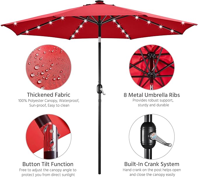 Yaheetech 10FT Solar Powered Patio Umbrella - UV Protection Market Table Umbrella w/ 32 LED Lights & Push Button Tilt & Crank Lift System for Garden/Lawn/Deck/Backyard/Pool,Red