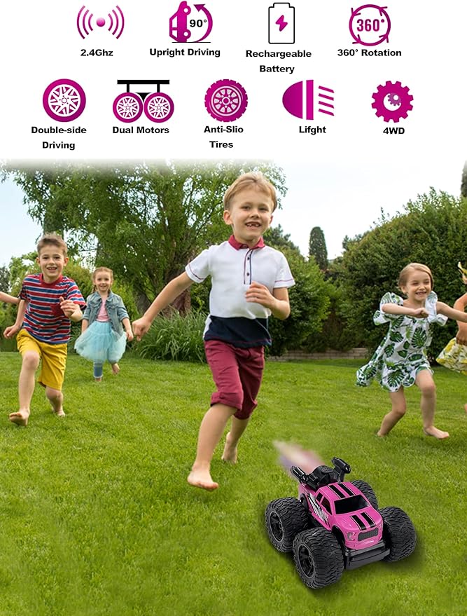Monster Truck for Girls, Remote Control Car Toys, Pink RC Trucks With Spray Function, 4WD 360 Flips Rotating Car, Ideal Birthday for 3+ Year Old Girls