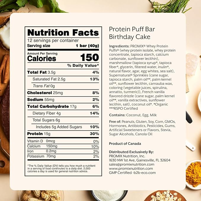 ProMix Nutrition Protein Puff Bars - Birthday Cake - Marshmallow Crispy Treat - Great Tasting & Healthy On The Go Snack - High Protein & Low Calorie - Free From Gluten, Soy, & Corn - 12 Bars