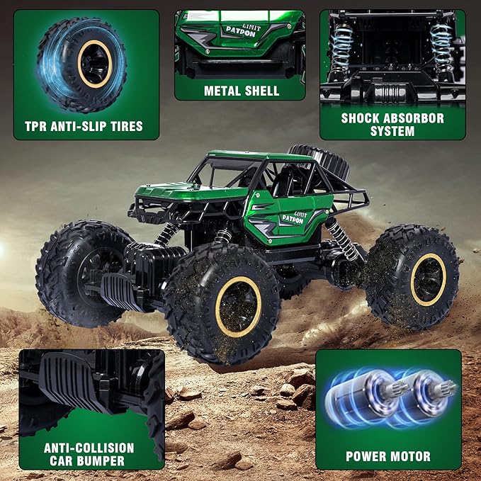 Green RC Trucks Remote Control Car 1:14 Off Road Monster Truck,Metal Shell Crawler,2.4Ghz 20km/h High Speed All Terrain Hobby Truck