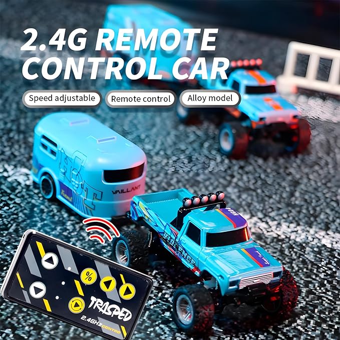 Mini Monster Truck, 1:64 Scale Remote Control Car with Lights, 2.4GHz Off-Road RC Truck, USB Rechargeable RC Car with Adjustable Speed for Kids Indoor & Outdoor Racing (Orange Blue)