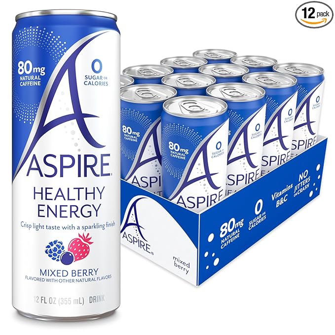 ASPIRE® Mixed Berry, Healthy Energy Drink with Low Caffeine, No Sugar, Carbs, and Keto Friendly, 12 Pack