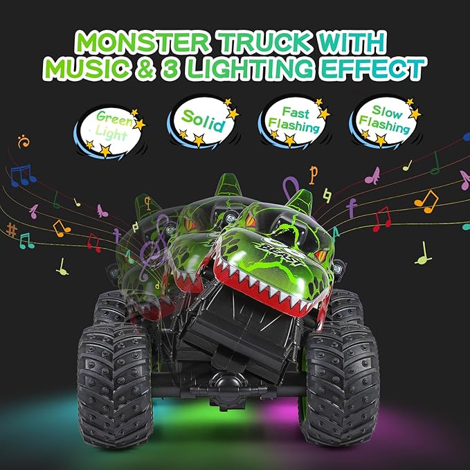 DYODYORC Remote Control Car, 2.4Ghz All Terrain Dinosaur Monster Truck Toys, RC Truck with Music, 3 Lighting Effects, 360 Stunt Capable, All included Ready to Run, Toy Gifts for Boys and Girls (Green)