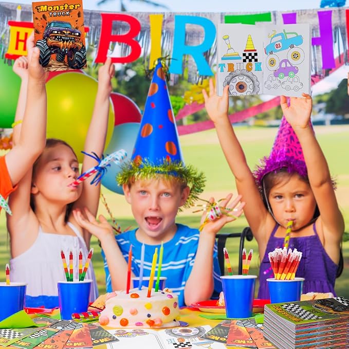 BenLouis 24 Monster Truck Mini Coloring Books Kids with 24 Stacking Crayons Monster Car Party Favors Activity Books Bulk for Kids Monster Truck Birthday Goodie Bag Gift Stuffer Classroom Travel