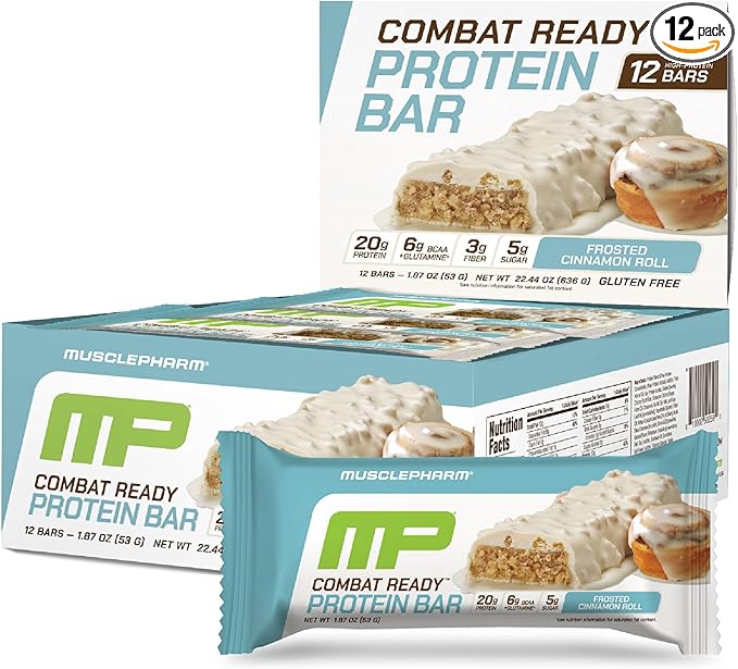 MusclePharm Combat Ready Protein Bar, Cinnamon Roll High Protein Bars, Combat Cravings, Fuel Performance & Meet Energy Demands, 20g Protein from Whey Protein, 3g Fiber, Gluten Free, 12 Bars