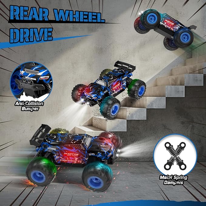 Remote Control Car, 1:18, All-Terrain Remote Control Truck with Headlight and Bodylight, 2WD, 20KM/H, PVC Shell, 2.4GHz, Rechargeable, Sturdy, Two Speed Control, Rc Cars for Kids, Beginner