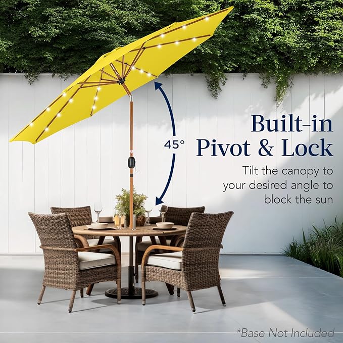 Best Choice Products 10ft Solar Market Patio Umbrella w/Woodgrain Pattern Pole, LED Lights, Tilt & Crank – Outdoor Sun Shade for Backyard Table, Deck, Poolside – Yellow