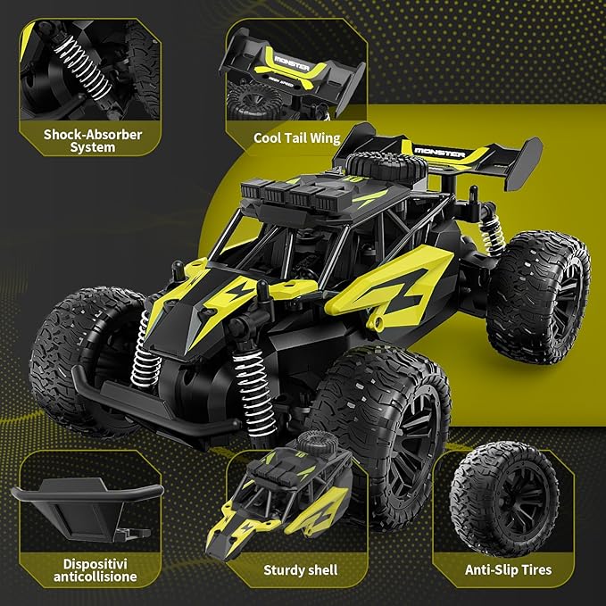 Carox 1:16 Scale RC Car for Kids, 2.4GHz High-Speed Electric Monster Truck, 20km/h, Dual 1000mAh Rechargeable Batteries, All-Terrain Tires, Shock Absorbing Suspension, Ideal Gift for Boys Aged 6-12