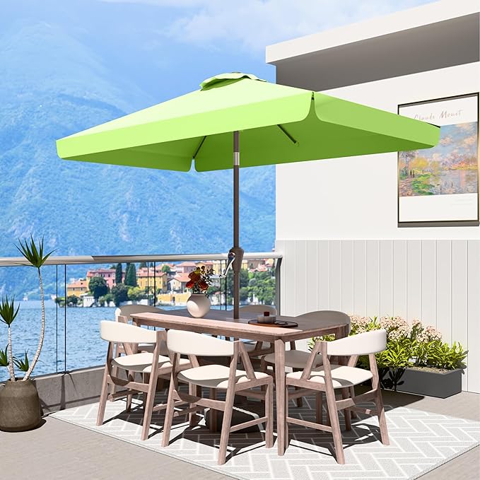 6.5 * 10FT Rectangular Patio Umbrella Table Market Umbrella w/Tilt and Crank Outdoor Umbrellas for Garden, Deck, Backyard, Pool and Beach, Apple Green