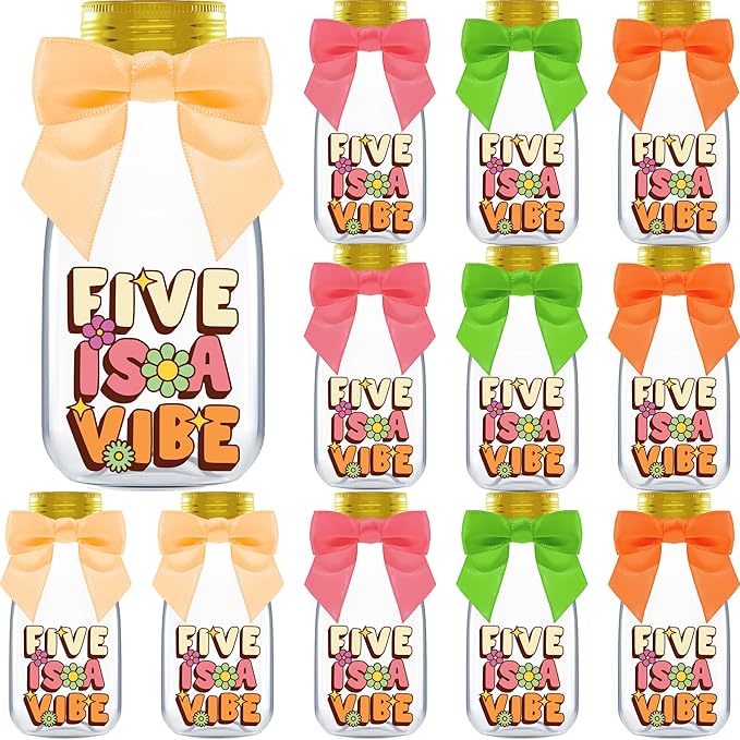 Small 12 Pack Five is a Vibe Party Favors - DIY Candy Jars with Ribbons and Stickers - Groovy Party Decoration Bottles for 5th Birthday Bash for Boy or Girl - Giftable Funky Retro Table Centerpiece