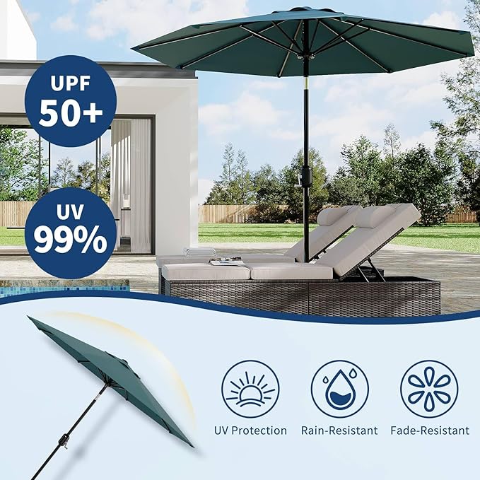 10Ft Patio Umbrella - 8 Sturdy Ribs Outdoor Table Umbrella with Crank Lift & Push Button Tilt - Market Umbrella for Pool, Deck, Yard, Garden - Turquoise