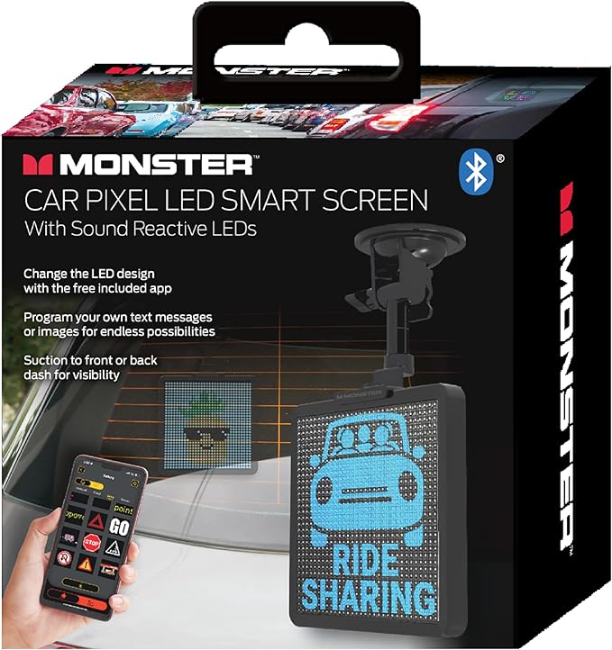 Monster Smart Pixel Display Screen for Cars, App Controlled Custom LED Text Pattern & Animation Screen, Sound Reactive, USB Powered, 6x6 in, 32x32 Pixels, Full Color Mobile Advertising & Ride Sharing