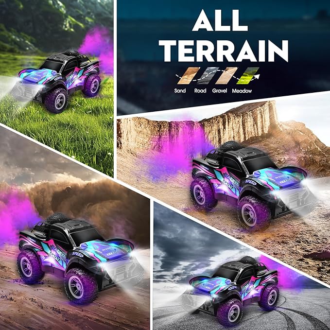 RC Cars 1:16 Remote Control Car for Boys 4-7 8-12,All Terrain Rechargeable Remote Control Truck for Kids, 2.4GHz Rc Monster Truck with Bodylight&Music&Spray, 20KM/H Car Toys for Ages 5-7, 8-13 Purple