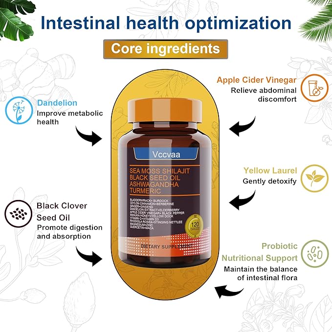 25-in-1 Sea Moss Capsules – Irish Sea Moss Black Seed Oil Ashwagandha Shilajit Ginger Turmeric Vitamin C & D3 Immune Gut, Energy Support – 120 Vegan Capsules
