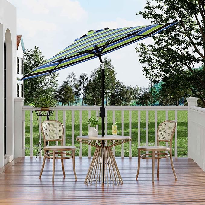 9Ft Patio Umbrella - 8 Sturdy Ribs Outdoor Table Umbrella with Crank Lift & Push Button Tilt - Market Umbrella for Pool, Deck, Yard, Garden - Tricolor Stripe