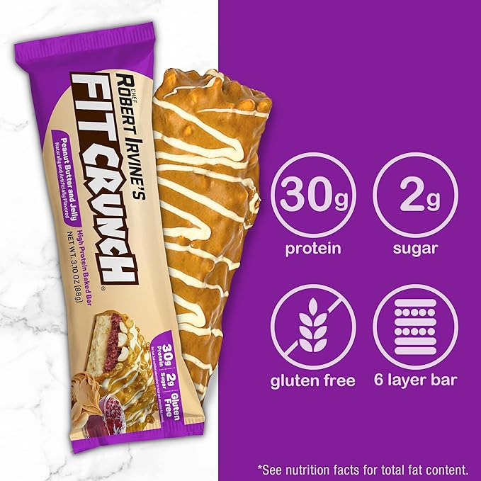 FITCRUNCH Full Size Protein Bars, 6-Layer Baked Bar, 2g of Sugar, Gluten Free & Soft Cake Core (12 Bars, Peanut Butter and Jelly)