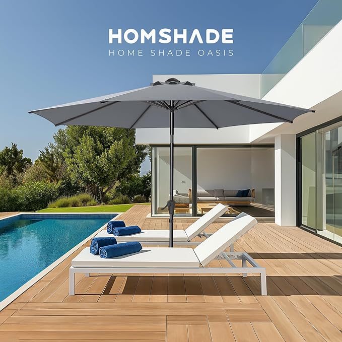 9ft Outdoor Patio Umbrella - UPF50+ UV Protection Market Patio Table Umbrella with Push Button Tilt, Crank and 8 Sturdy Ribs for Pool Deck and Garden (Grey, No base)