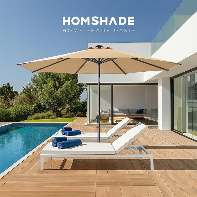 9ft Outdoor Patio Umbrella - Market Table Pool Deck Umbrella UPF50+ UV Protection with Push Button Tilt, Crank and 8 Sturdy Ribs (Beige, No base)