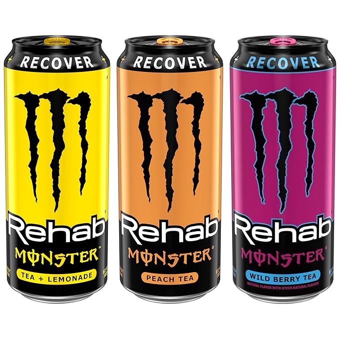 Monster Energy Rehab Tea + Lemonade, Peach Tea, Wild Berry Tea, Variety Pack, Energy Iced Tea,15.5 Ounce (Pack of 15)