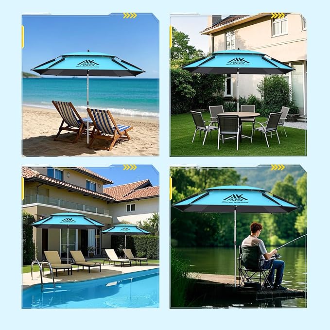 Patio Umbrella with Exclusive Black Coating, 7.2ft/7.8ft Heavy-Duty Double-Layer Nylon Canopy, Adjustable Tilt Sun Shade Outdoor Table Umbrella, UV Protection & Carry Bag for Beach, Fishing, Backyard