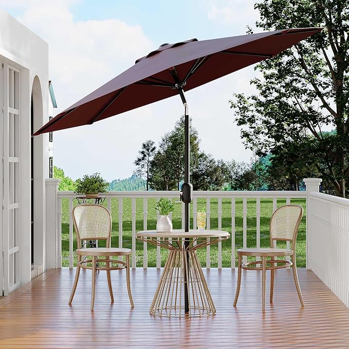 9Ft Patio Umbrella - 8 Sturdy Ribs Outdoor Table Umbrella with Crank Lift & Push Button Tilt - Market Umbrella for Pool, Deck, Yard, Garden - Dark Red
