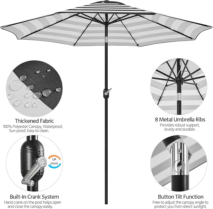 Yaheetech 9FT Patio Umbrella Outdoor Umbrella Patio Yard Market Table Umbrella with Push Button Tilt & Crank for Garden/Beach/Lawn/Deck/Backyard/Pool, 8 Ribs, Black/White