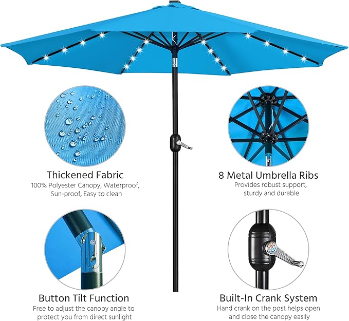 Yaheetech 11FT Solar Powered Umbrella Outdoor Patio Umbrella with 32 LED Lights and 8 Ribs - UV Protection Table Sunshade for Pool, Deck, Yard, Sky Blue