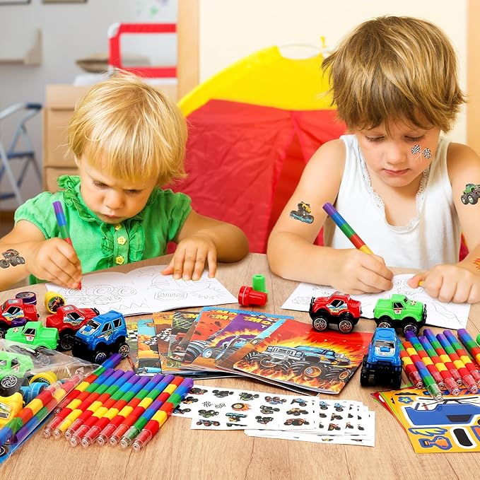 BenLouis 84Pcs Monster Truck Party Favors Truck Car Theme Coloring Books Crayons Sticker Set Bulk for Kids Racing Wheels Birthday Decor Goodie Bag Stuffer Classroom Rewards Craft Pinata Supplies
