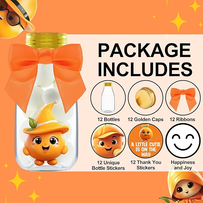 Small 12 Pack Little Cutie Baby Shower Party Favors - Candy Jars with Ribbons and Stickers - DIY Party Decoration Bottles for Little Cutie is on the Way Gender Reveal - Orange Table Centerpiece
