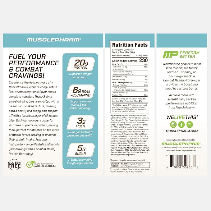 MusclePharm Combat Ready Protein Bar, Cinnamon Roll High Protein Bars, Combat Cravings, Fuel Performance & Meet Energy Demands, 20g Protein from Whey Protein, 3g Fiber, Gluten Free, 4 Bars