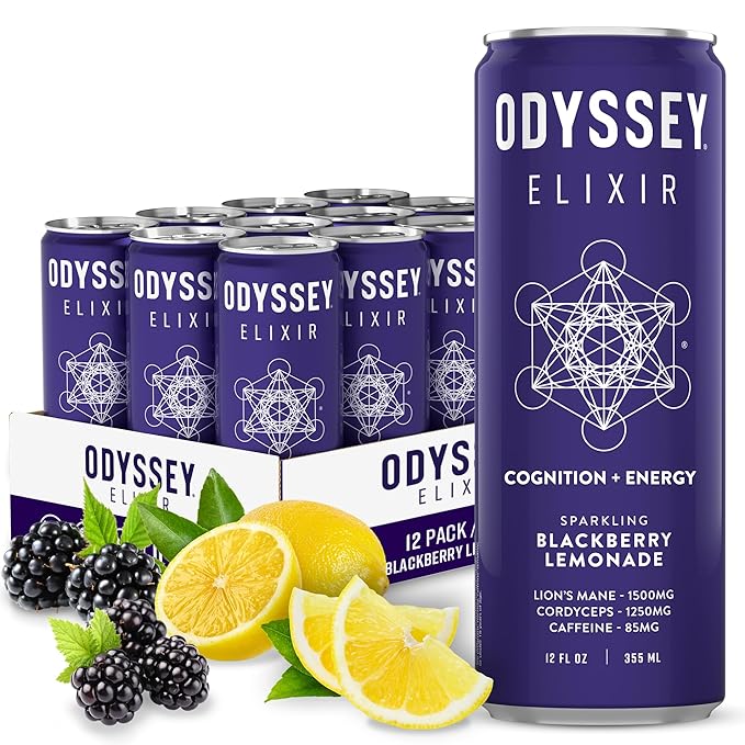 Odyssey Elixir Cognition + Sustainable Energy - Lion's Mane, Cordyceps, L Theanine, Ginseng & 85mg Green Tea Caffeine - 0 Added Sugar - No Jitters or Crash - Blackberry Lemonade - 12 Fl oz, 12 Pack