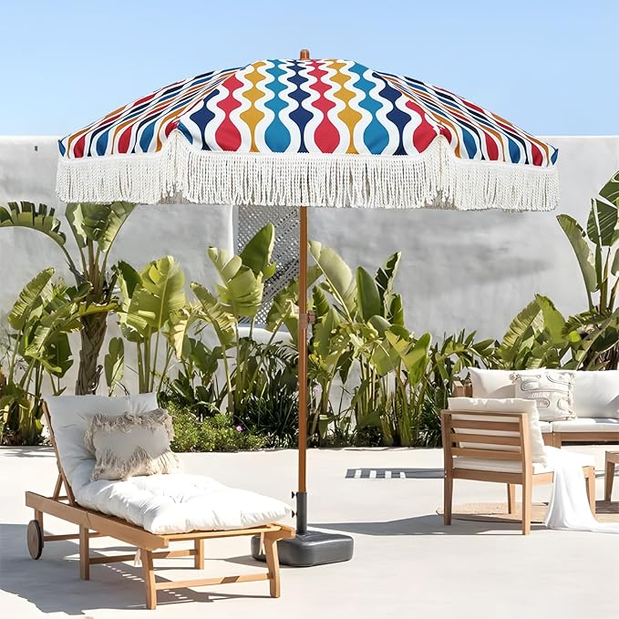 AMMSUN 7ft Patio Umbrella with Fringe Outdoor Tassel Umbrella UPF50+ Premium Steel Pole and Ribs Push Button Tilt, Wave Colorful