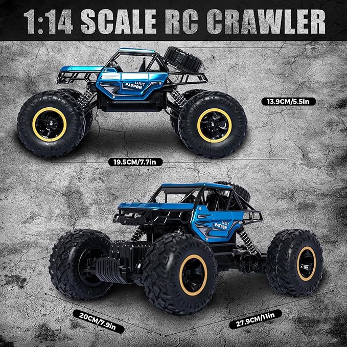 Blue RC Trucks Remote Control Car 1:14 Off Road Monster Truck,Metal Shell Crawler,2.4Ghz 20km/h High Speed All Terrain Hobby Truck