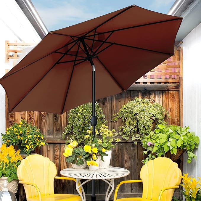 Sunnyglade 9' Patio Umbrella Outdoor Table Umbrella with 8 Sturdy Ribs(Brown)