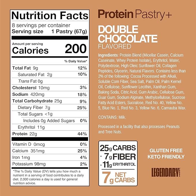 Legendary Foods 22g Protein Pastry+ Premium Low Carb Meal Replacement Bar - Low Glycemic, Gluten Free Protien Snacks - Healthy Keto Snack Box, 8x Zero Sugar Energy Bars - Bariatric Diabetic Friendly