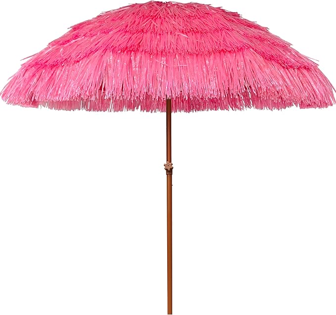 AMMSUN 7.5ft Hula Thatched Tiki Patio Beach Umbrella Hawaiian Style 10 Ribs UPF 50+ with Tilt Carry Bag for Outdoor Tiki Bar, Tropical Palapa, Patio Garden Beach Pool Backyard Pink
