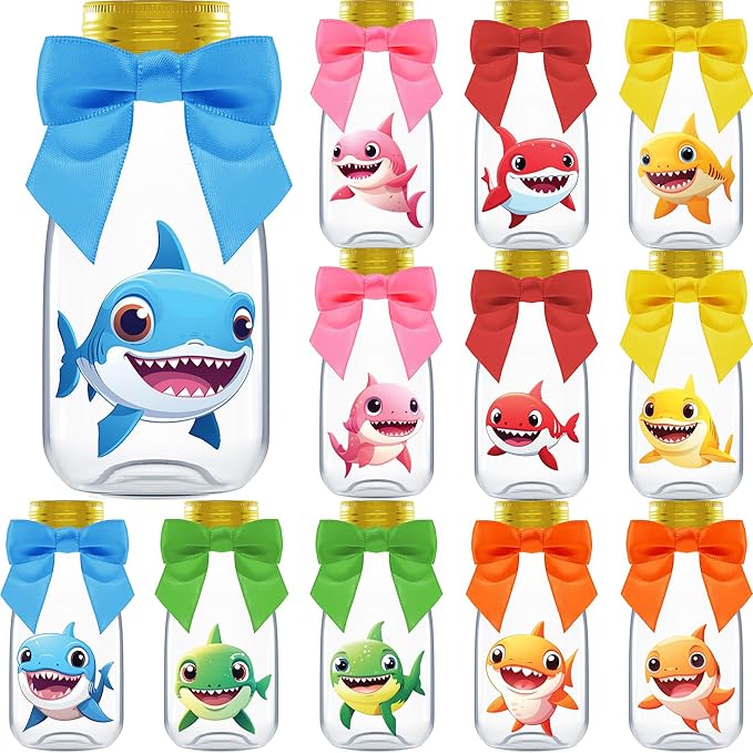 Small 12 Pack Baby Shark Party Favors - Candy Jars with Ribbons and Stickers - DIY Party Decoration Bottles for Birthday, School Classroom, and Baby Shower - Table Centerpieces for Kids